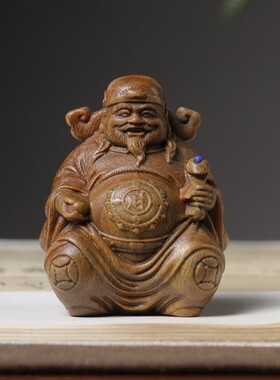 黄金檀 绿檀柏木雕刻如意财神款摆件摆饰文玩工艺规格7×5.5×4.3