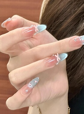 穿戴甲海盐小豹长尖气质蝴蝶结美甲猫眼显白百搭高级感指甲贴片