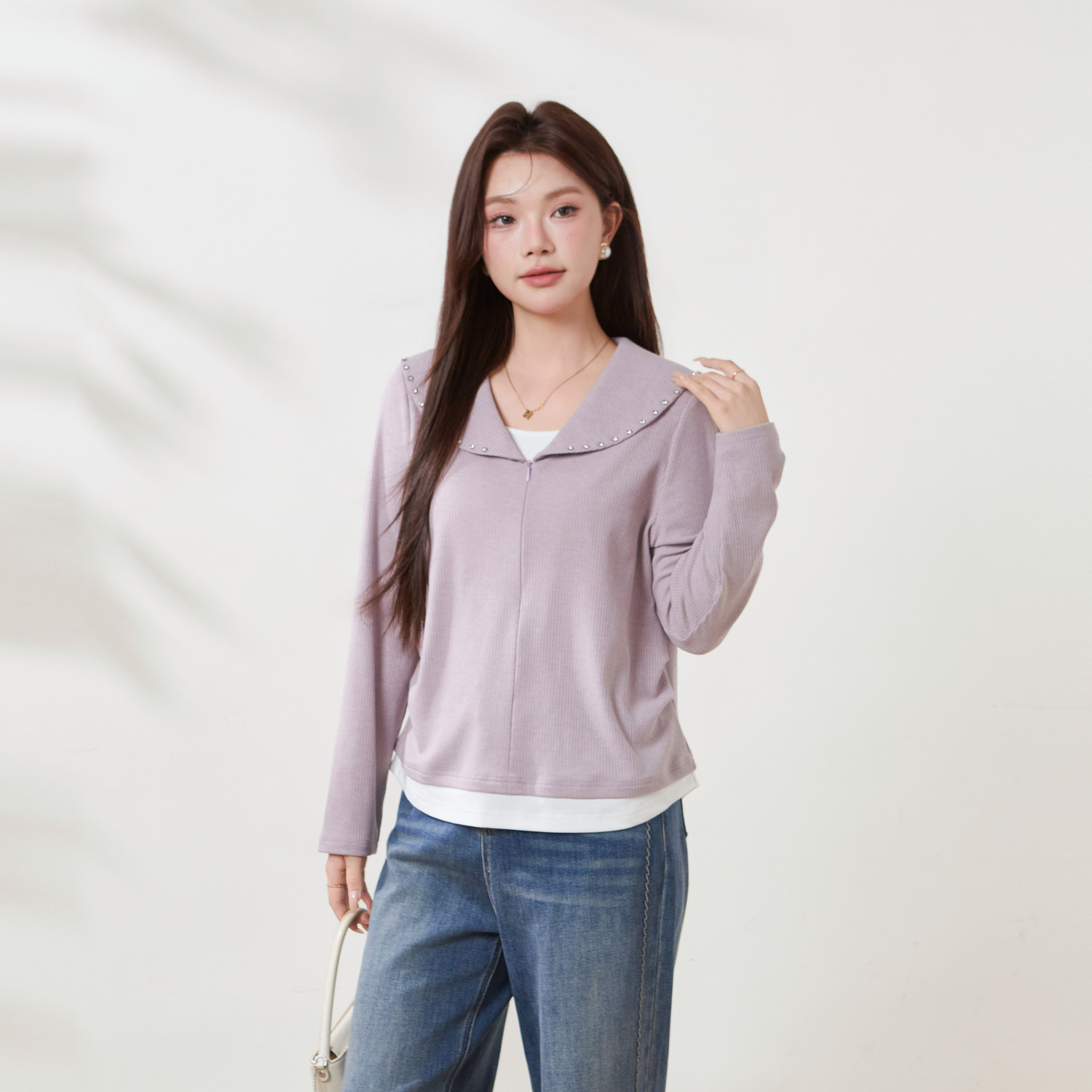 采多宝大码女装减龄海军领拼色假两件T恤胖mm薄款钉珠打底上衣,淘宝优惠券,粉丝福利购,淘宝优惠卷