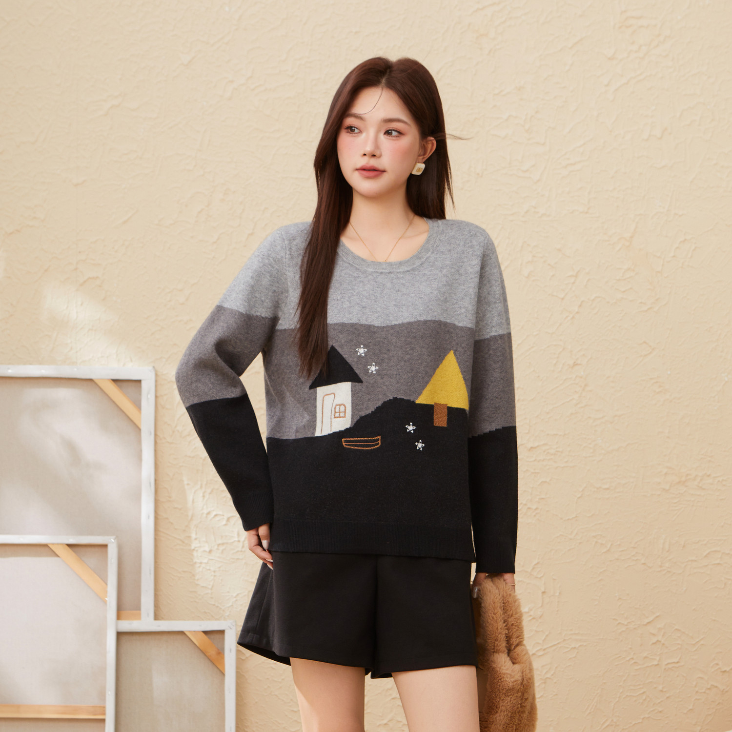 采多宝大码女装圆领撞色提花毛衫胖mm卡通图案减龄宽松显瘦上衣,淘宝优惠券,粉丝福利购,淘宝优惠卷