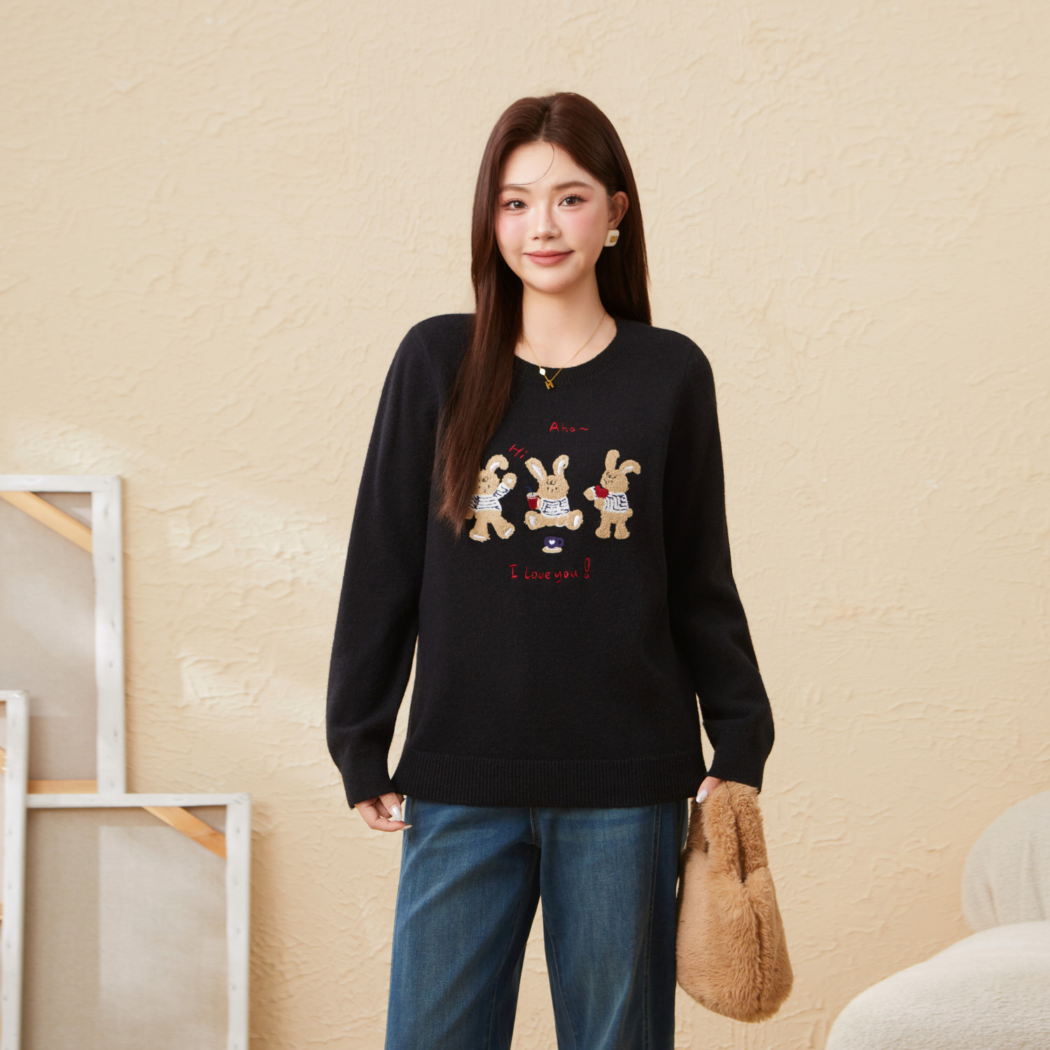 采多宝大码女装胖mm2025冬季新款圆领小兔子毛巾绣毛衣EDMY6706,淘宝优惠券,粉丝福利购,淘宝优惠卷