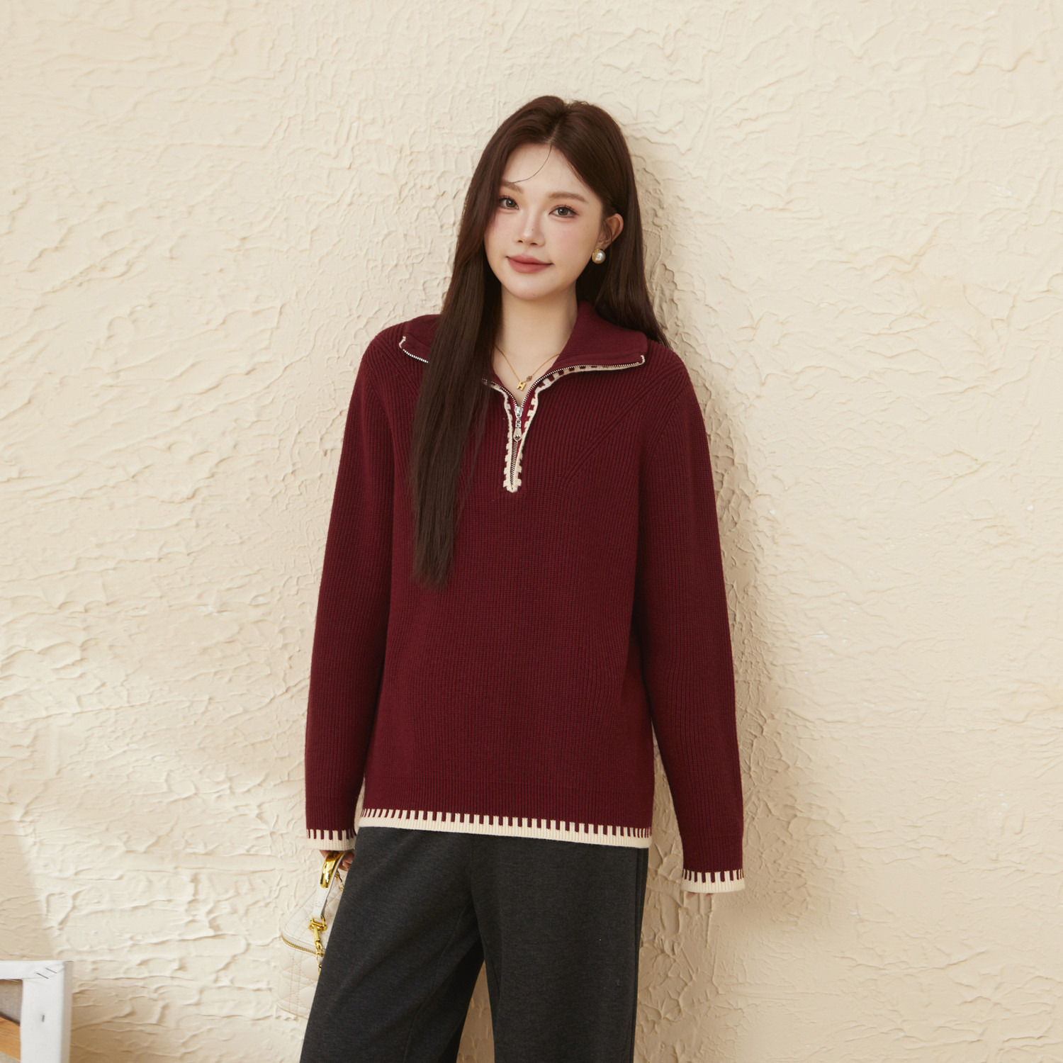 采多宝大码女装撞色提花翻领毛衣胖mm修身显瘦半拉链厚款上衣,淘宝优惠券,粉丝福利购,淘宝优惠卷