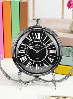 轻奢美式金属鹿角装饰台钟