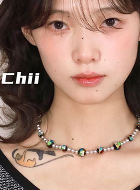 彩色天然石珠拼接高级灰珍珠项链嘻哈潮男女同款锁骨链潮流个性饰