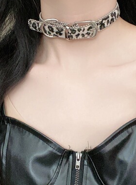 性感辣妹豹纹choker皮带扣项圈女小众朋克亚文化设计感潮流脖颈链