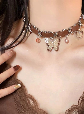 棕色美拉德重工蝴蝶皮革choker