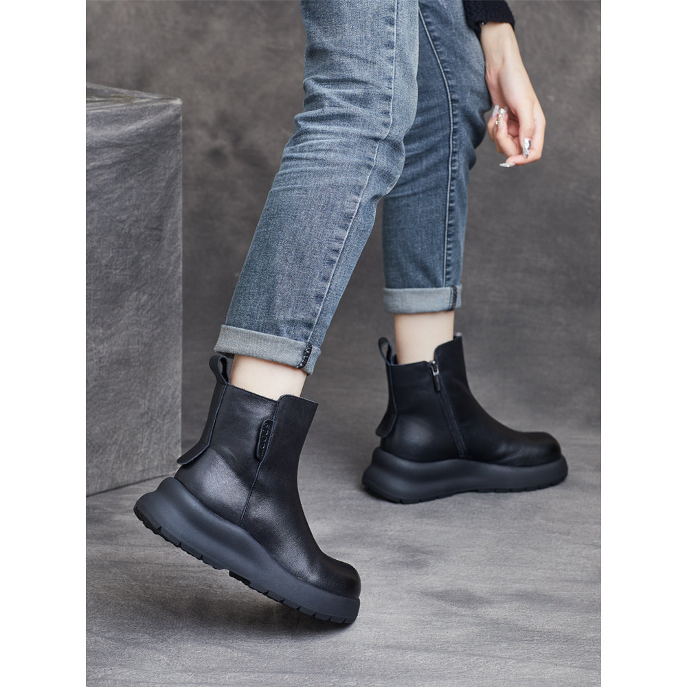 2025秋冬新款真皮圆头软底厚底短靴马丁靴女靴加绒棉靴单靴子女,淘宝优惠券,粉丝福利购,淘宝优惠卷