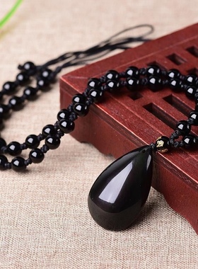 溪奇天然纯黑黑曜石水滴吊坠男女款项链挂件饰品礼物