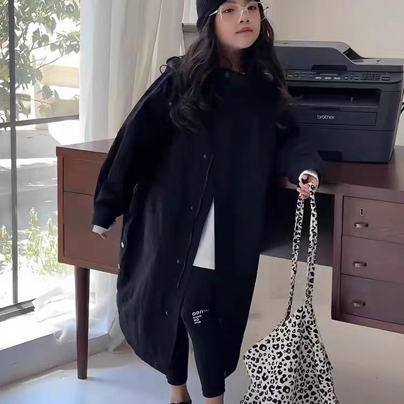 女童风衣韩版长款外套2024春秋洋气女大童宽松过膝夹棉加厚冲锋衣,淘宝优惠券,粉丝福利购,淘宝优惠卷
