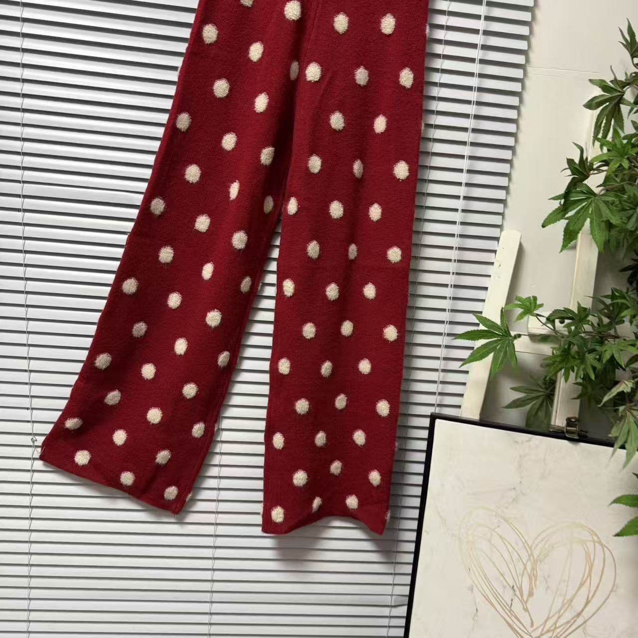 0123-57意大利样衣复古波点针织阔腿裤高腰宽松长裤红色休闲裤,淘宝优惠券,粉丝福利购,淘宝优惠卷