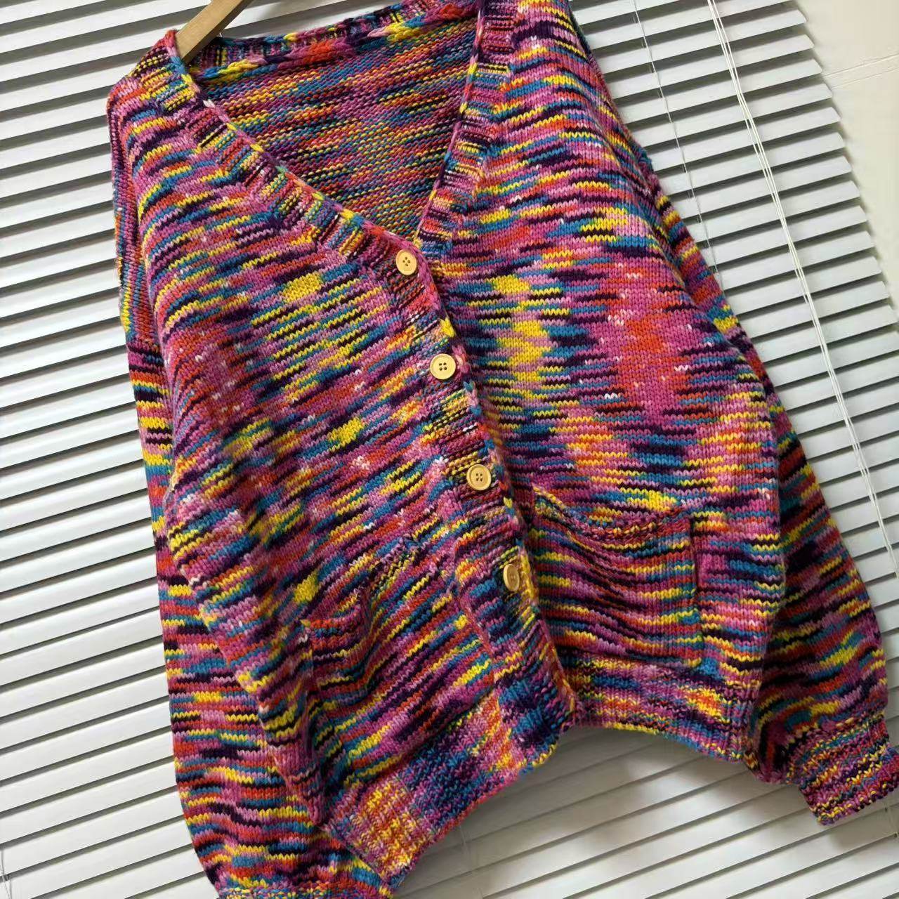 0121-58多巴胺风撞色针织开衫女V领纽扣宽松短外套彩色毛衣,淘宝优惠券,粉丝福利购,淘宝优惠卷