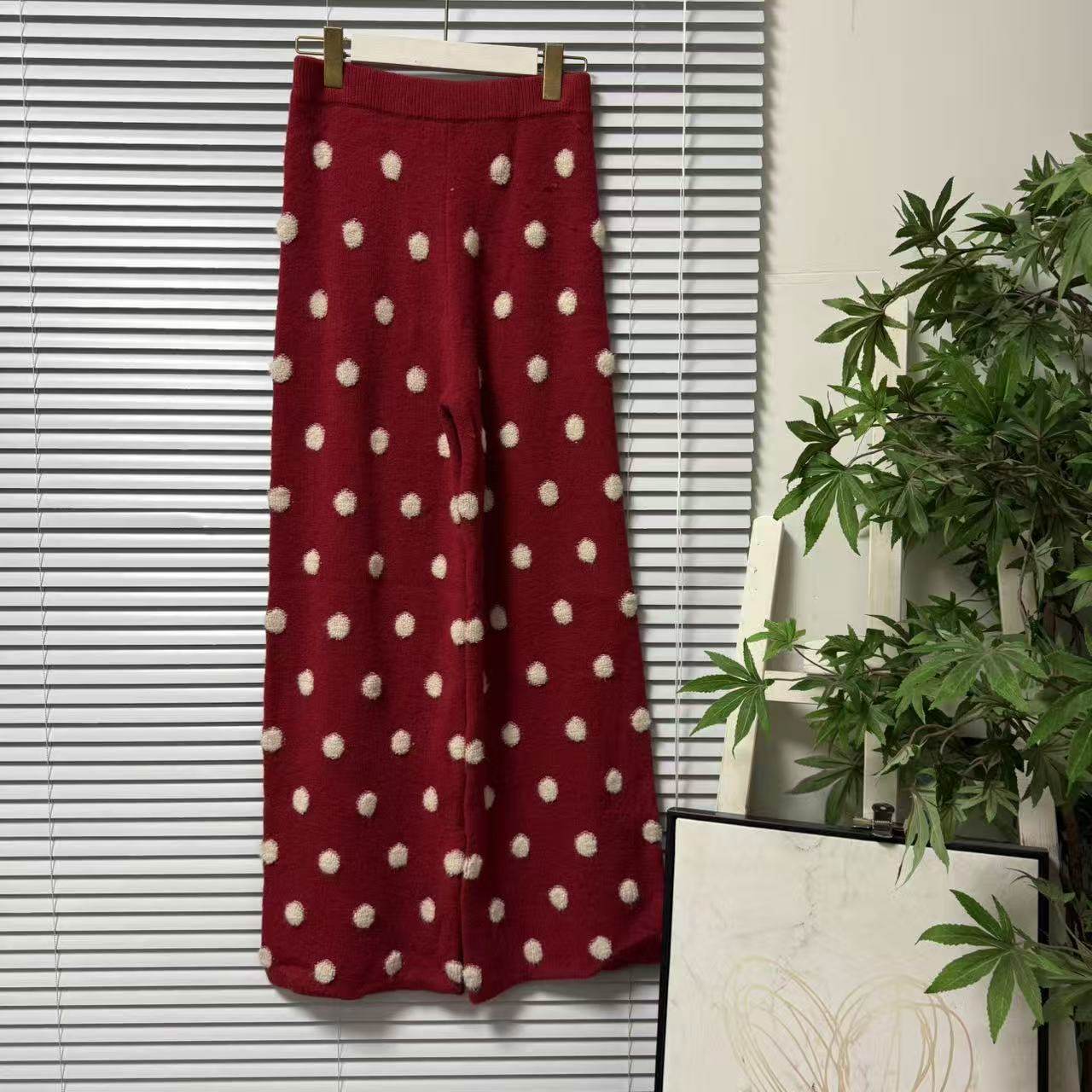 0123-57意大利样衣复古波点针织阔腿裤高腰宽松长裤红色休闲裤,淘宝优惠券,粉丝福利购,淘宝优惠卷