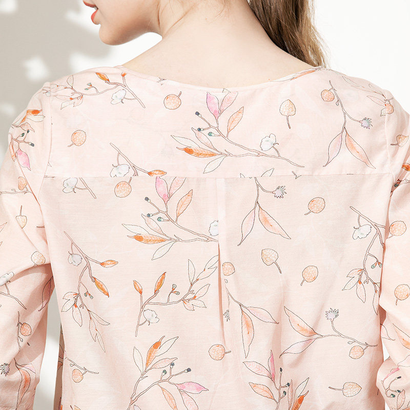 温柔橙粉色枝叶印花丝棉女ins t恤 miccbeirn服饰旗舰T恤