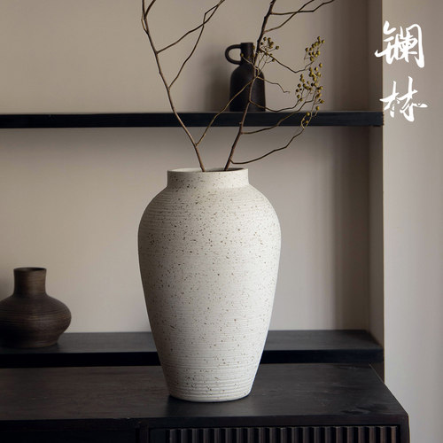 现代简约白色花瓶侘寂风装饰摆件插干枝大号台面可种树盆白墨点点 - 图3