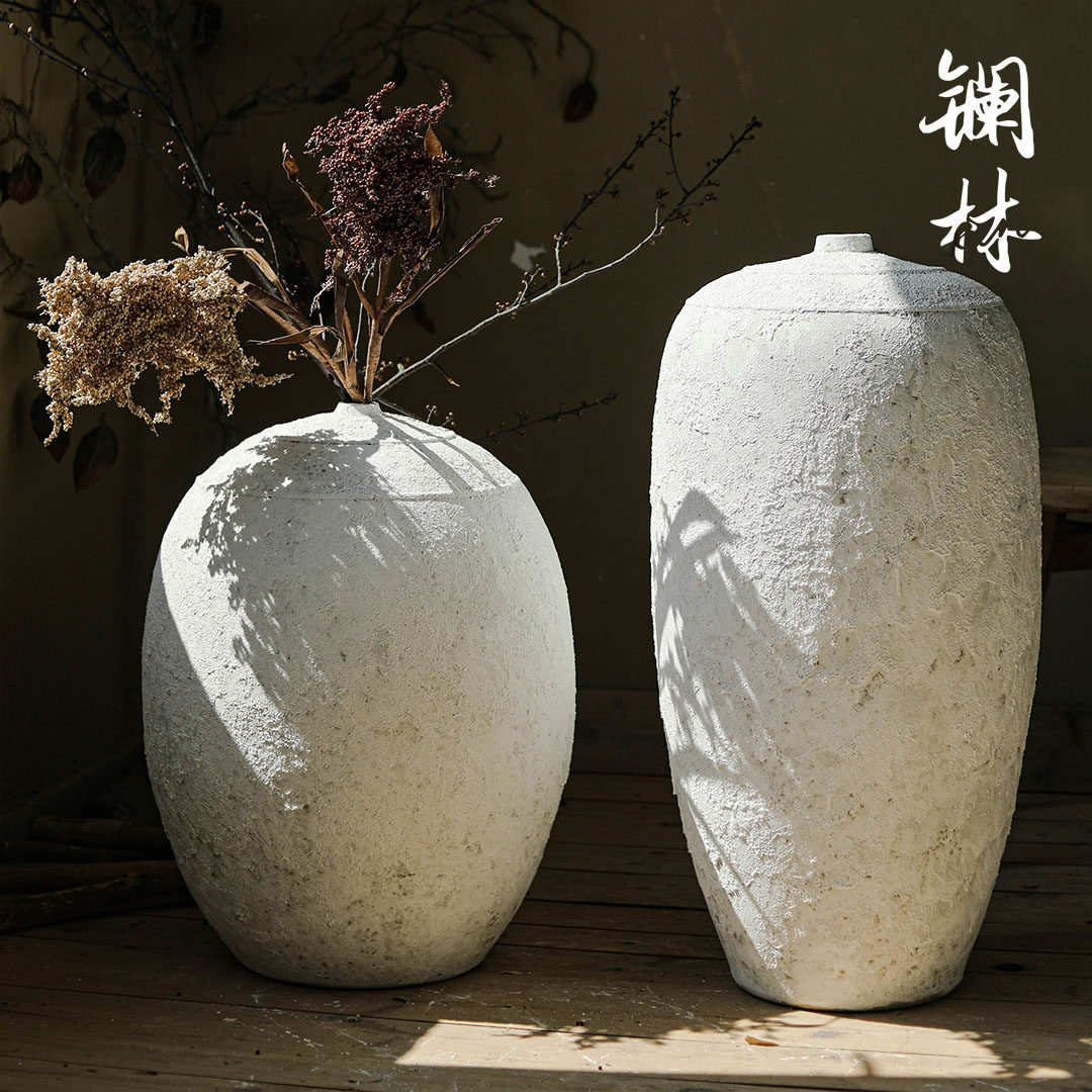 粗陶花瓶陶瓷落地客厅摆件白色侘寂风插干花器设计师大肚北欧装饰_虎窝淘