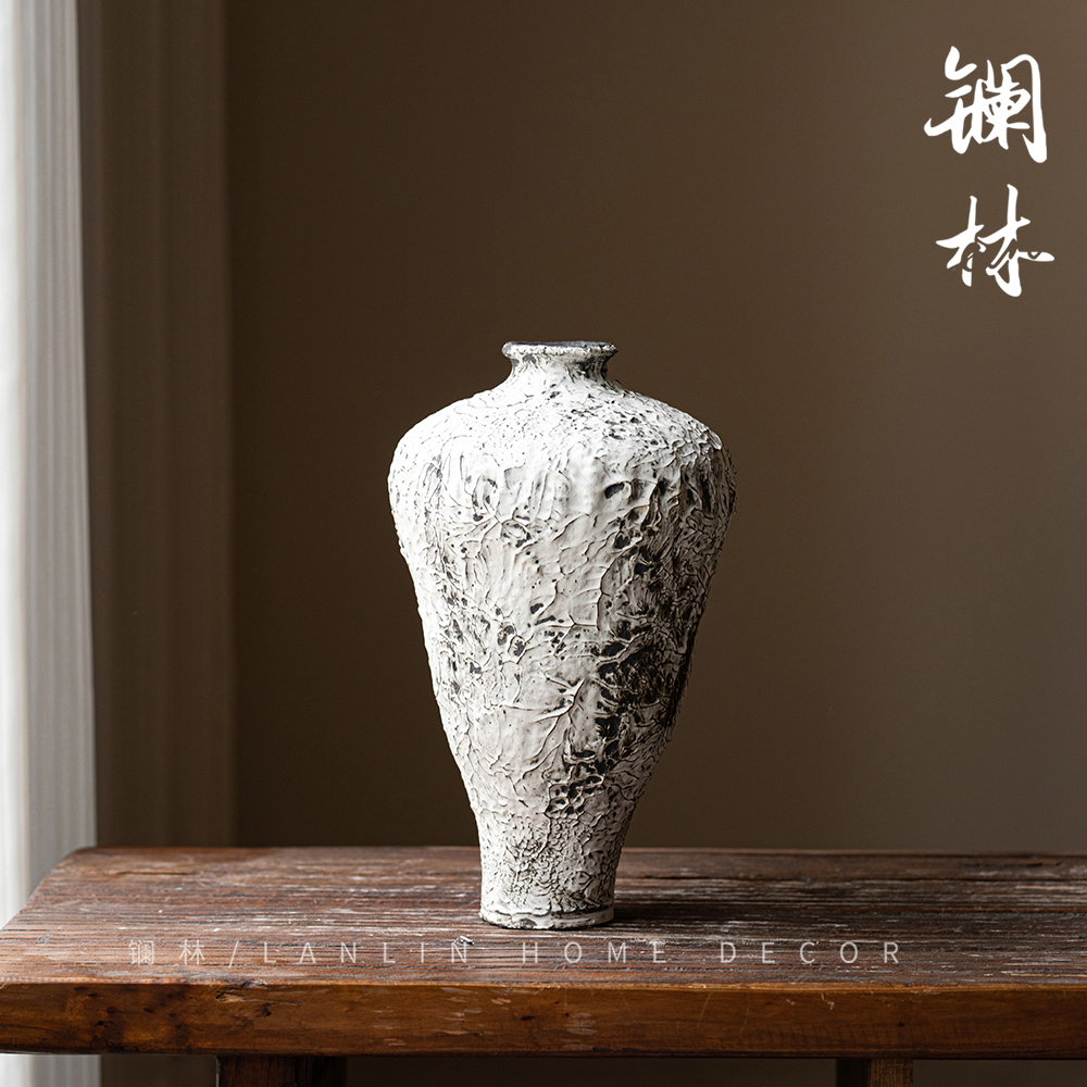 新中式侘寂风粗陶花瓶景德镇民宿复古插干花器客厅玄关梨花雪陶罐 - 图2