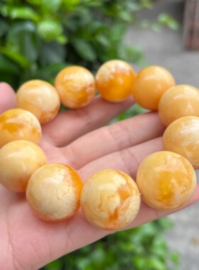 天然二代蜜蜡手串男女款鸡油黄金绞蜜瓷白飘花琥珀手链圆珠情侣20
