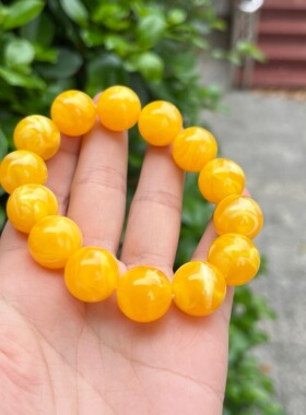 天然二代蜜蜡手串男女款鸡油黄金绞蜜瓷白飘花琥珀手链圆珠饰品30