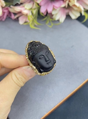 新款磨砂黑曜石佛头活口戒指女小众百搭首饰水钻饰品指环