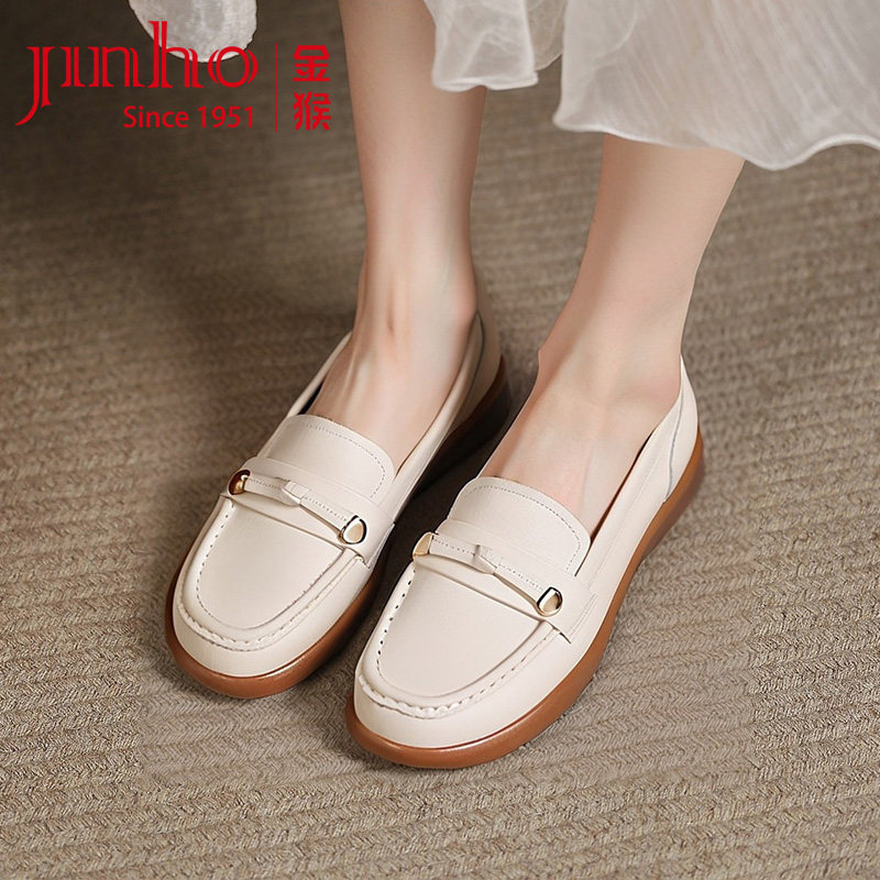 金猴女鞋2026春季新款真皮乐福鞋女平底舒适软底软面不累脚妈妈鞋