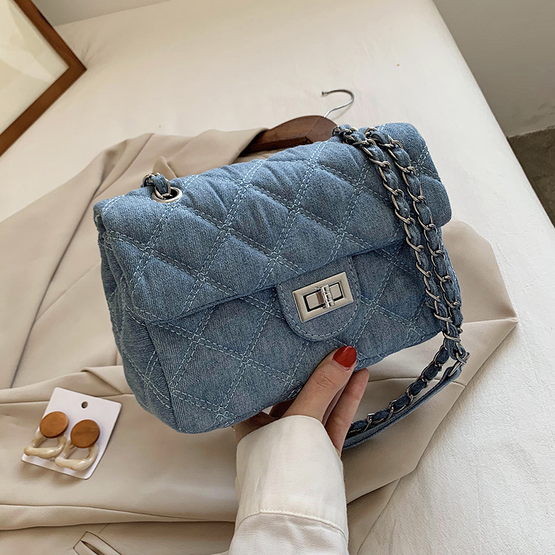 爆款牛仔布小包包女士2025春夏新款潮流菱格链条包百搭单肩斜挎包 - 图0