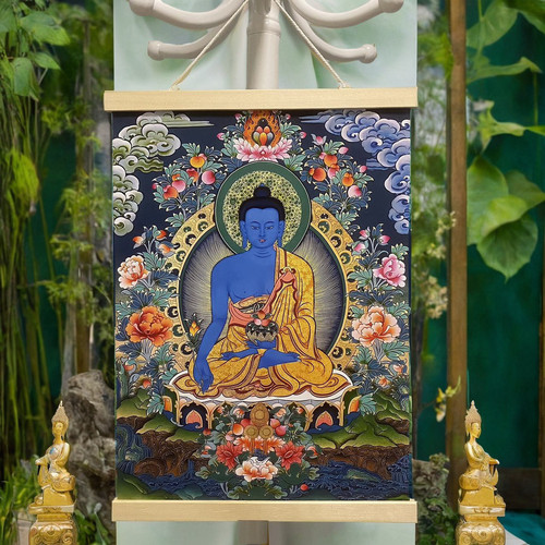 实木挂轴唐卡黄财神佛像挂画客厅玄关装饰画藏族佛堂文殊菩萨壁画 - 图3