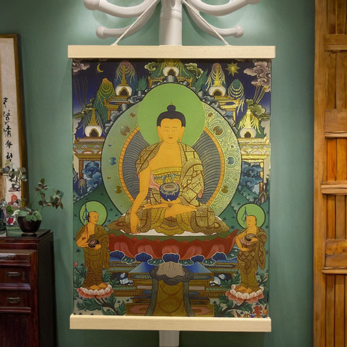 实木挂轴唐卡黄财神佛像挂画客厅玄关装饰画藏族佛堂文殊菩萨壁画 - 图2