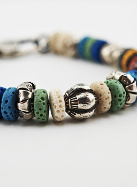 铁头的店欧美情侣银火山石手串