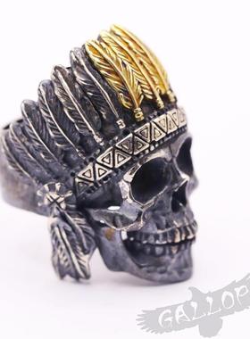 骷髅戒指铁头的店纯银印第安男士