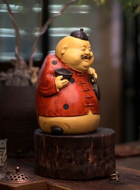中式地主老爷摆件高档仿竹根木雕人物雕塑客厅玄关茶室树脂工艺品