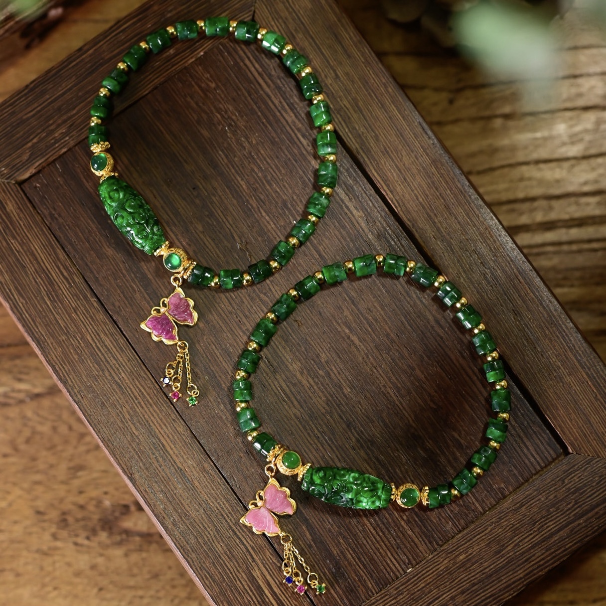 新中式天然A货干青算盘珠翡翠手链女粉碧玺镶嵌银饰蝴蝶吊坠手串 - 图3