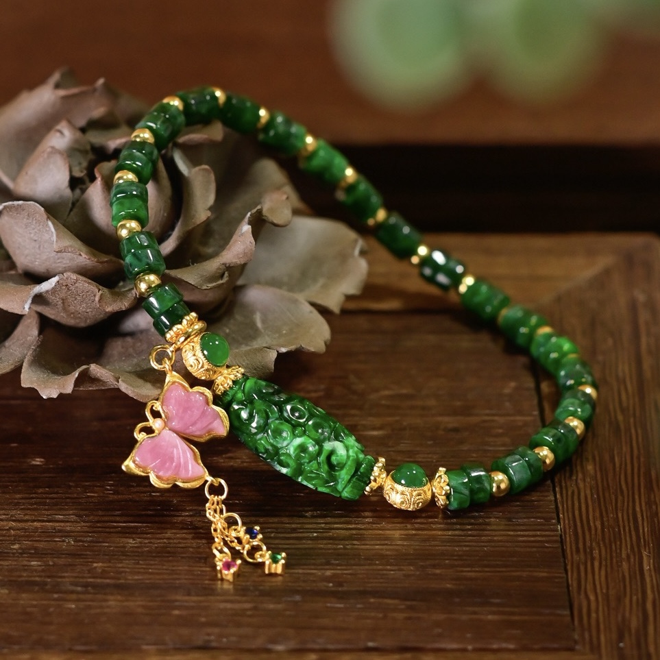 新中式天然A货干青算盘珠翡翠手链女粉碧玺镶嵌银饰蝴蝶吊坠手串 - 图2