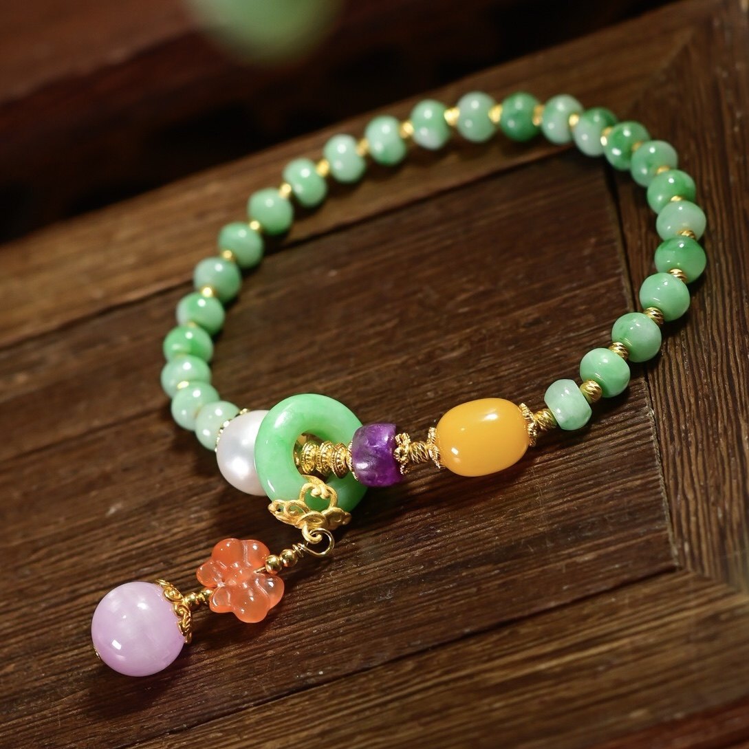 新中式天然飘花翡翠算盘珠手链女蜜蜡南红紫锂辉珍珠平安扣手串,淘宝优惠券,粉丝福利购,淘宝优惠卷