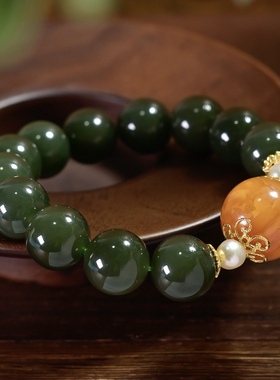 天然和田碧玉蜜蜡圆珠手链手串女