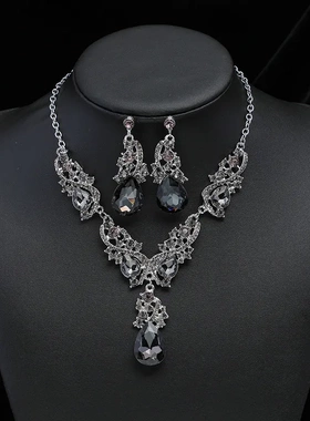 欧美外贸新款夸张项链耳环套装复古跨镜合金电镀珠宝首饰礼服