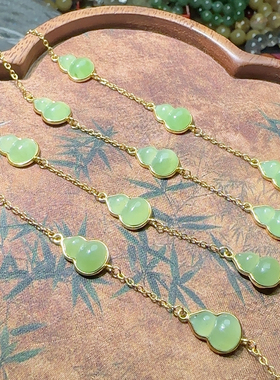 DD0690 天然和田玉碧玉葫芦手链苹果绿s925银女10/8mm福禄