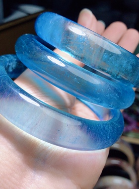 天然海蓝宝手镯变态蓝玻璃体魔鬼蓝宽版正装高货宝石手镯