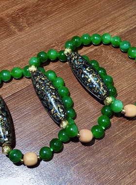 泓石斋 天然和田玉碧玉手链原创黑金大漆珠手串猕猴桃碧玉手链8mm