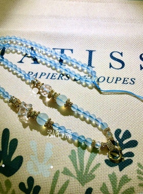 T495 天然玻璃体海蓝宝白水晶吊坠挂件万能链扣珠链绳约6mm毛衣链