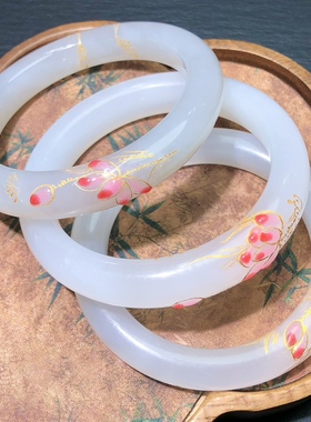 天然和田玉羊脂白玉莲花手镯老料描金正装玉镯女乾坤玉