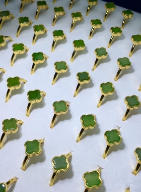 天然和田玉碧玉四叶草戒指苹果绿10mm首饰活口指环戒圈