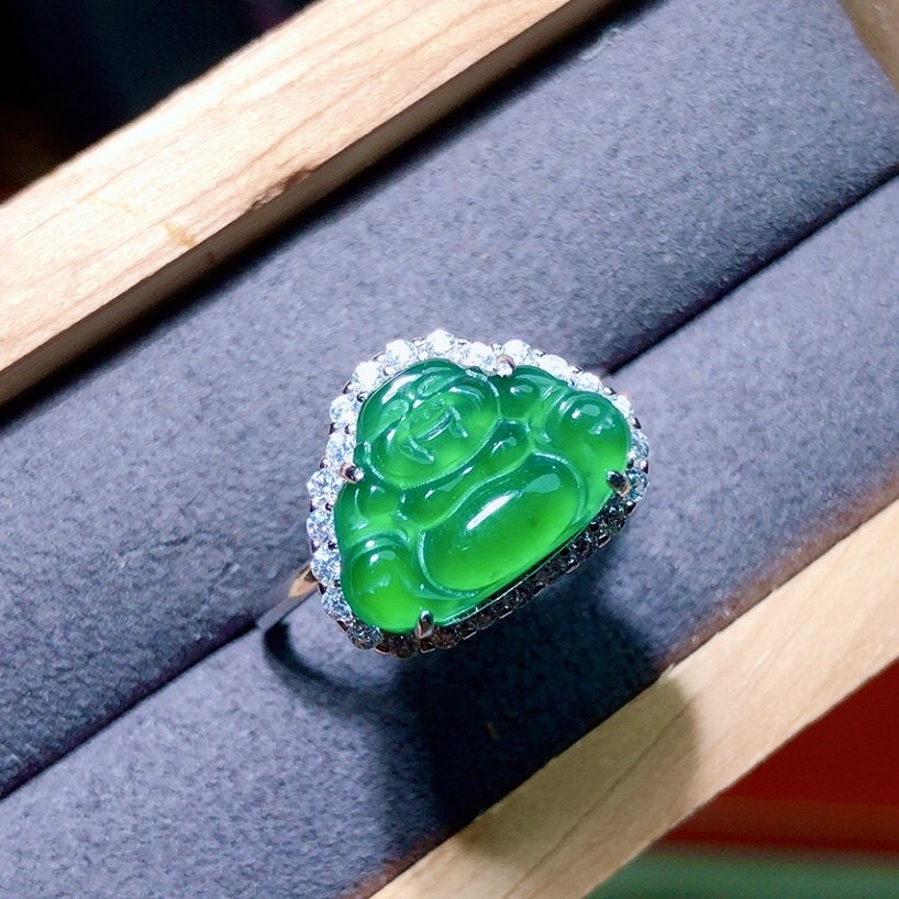I585天然A货翡翠佛公戒指s925银帝王绿活口指环12/15mm情侣首饰-图0