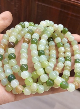 p287 天然多宝和田玉手链黄口料约7mm女男款老型珠白玉手串单圈