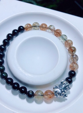 AA0770 天然黑金超七手链原创金运石手串单圈蓝针足银貔貅复古款