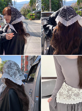 蕾丝边拼接纯棉围巾三角巾女领巾