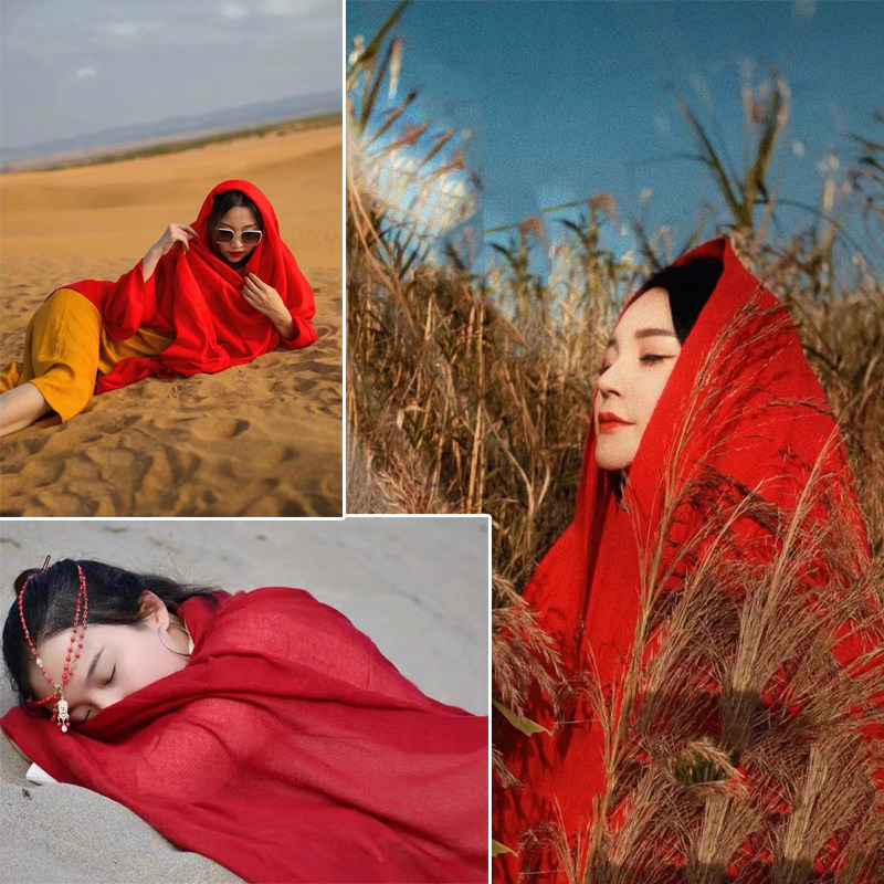 大西北沙漠防晒拍照红色披肩围巾女薄款青海茶卡盐湖旅游棉麻纱巾
