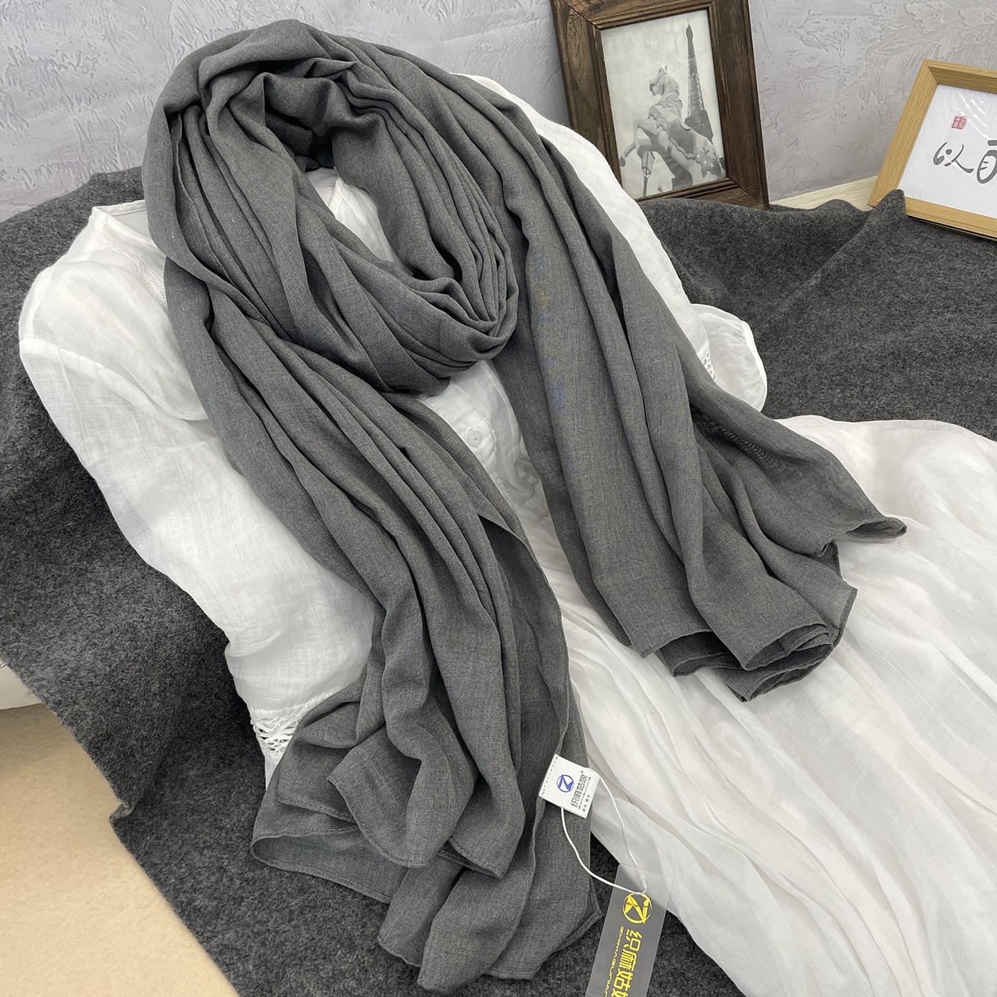 2025新款围巾女薄春秋超大韩版百搭纱巾护颈围脖纯色空调披肩灰色