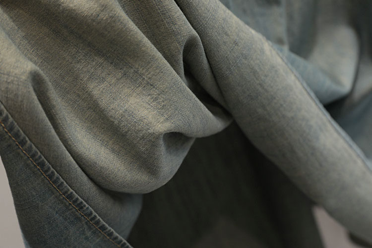 韩系小姐姐！蓝色圆领短袖牛仔连衣裙女后背排扣系带宽松休闲长裙