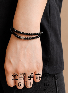 新中式多层叠戴双圈黑玛瑙串珠手链女盘玩925银手串闺蜜学生手饰