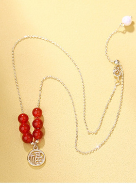 红色玛瑙路路通项链福字吊坠简约
